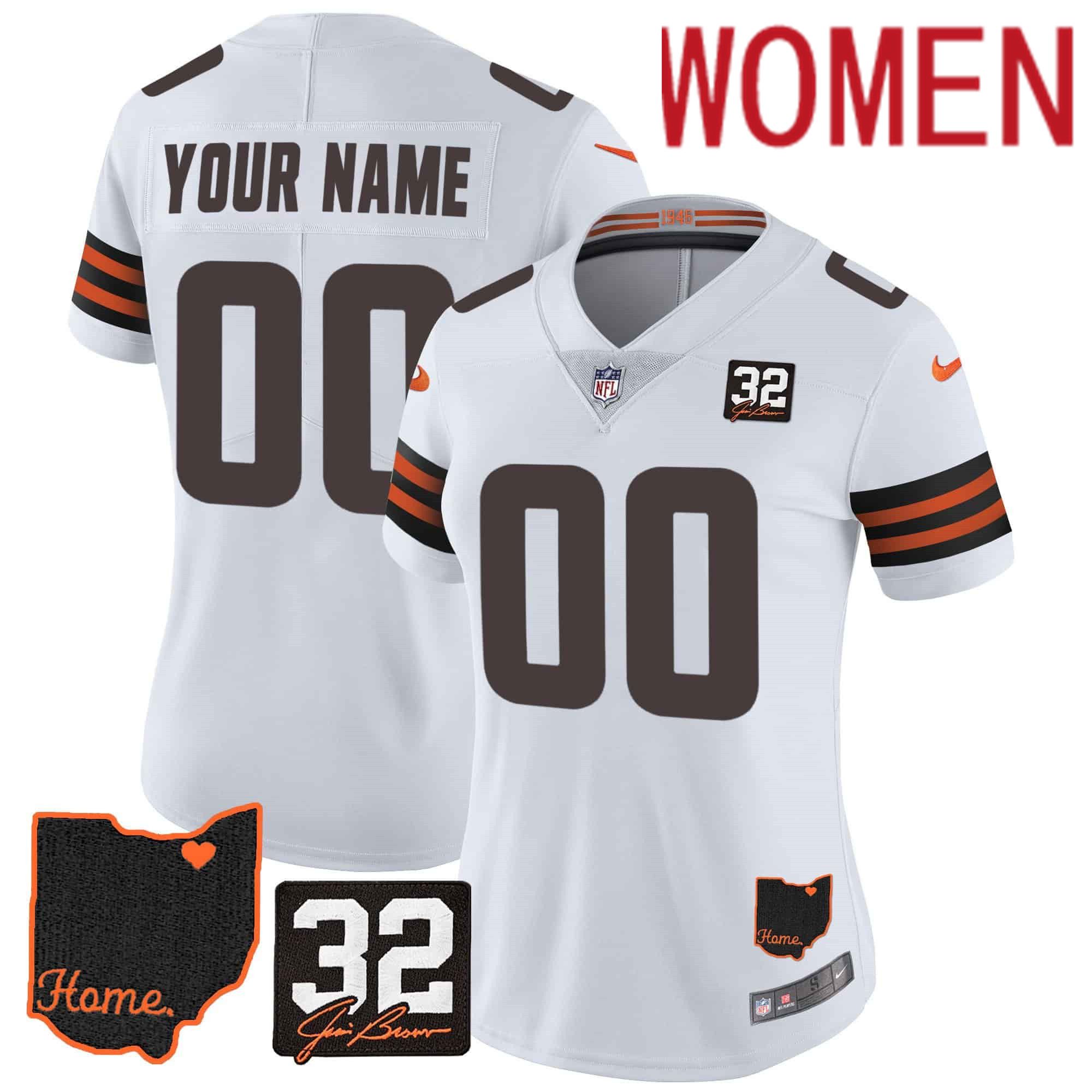 Women Cleveland Browns White 32 Jim Brown Memorial Home Patch Custom 2024 Nike NFL Jersey